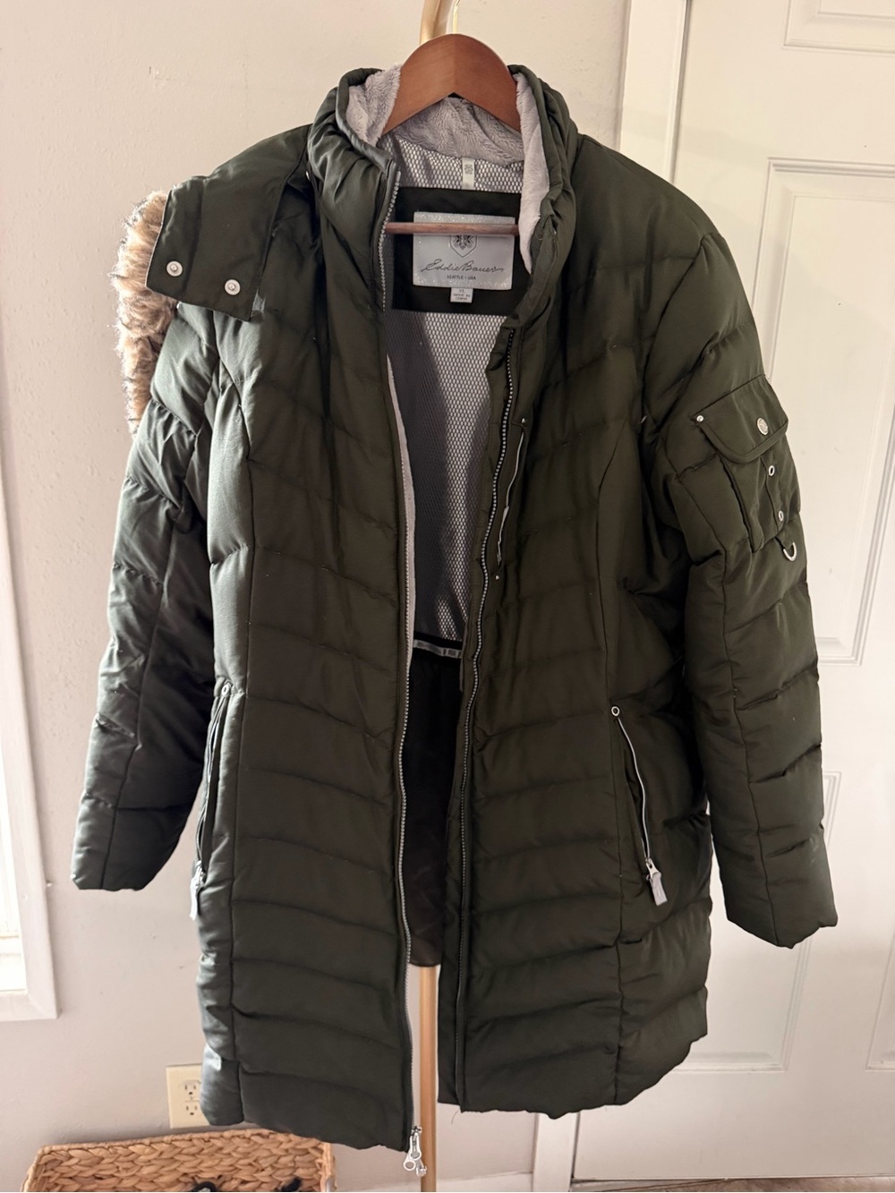 Eddie Bauer Women's Dark Olive Quilted Puffer Coat with Hood